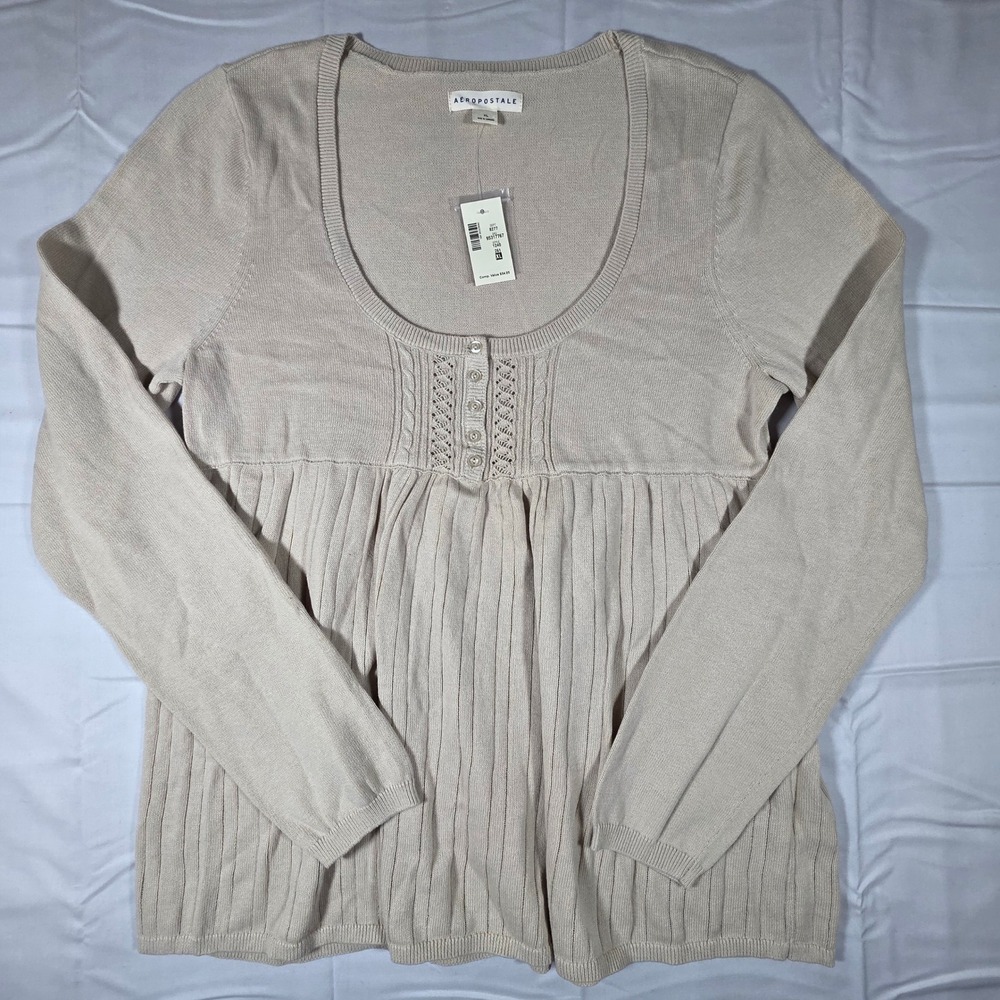 Aeropostale Womens XL Beige Babydoll Sweater Long Sleeve Scoop Neck Top